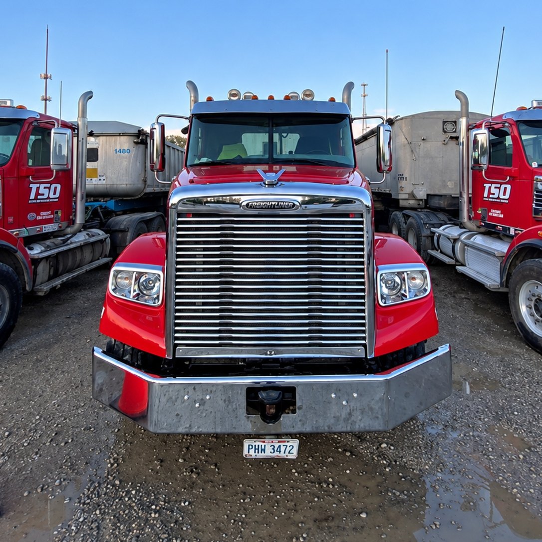 Front view of a red Freightliner dump-truck tractor with a chrome grille and bumper between two other red trucks.