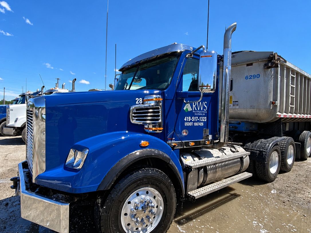 Three-quarter front view of a clean blue Freightliner dump-truck tractor numbered 28 with a polished chrome wheel and