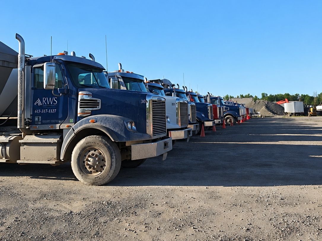 Line of dark blue tractors parked side by side down a long gravel lot in the sun.