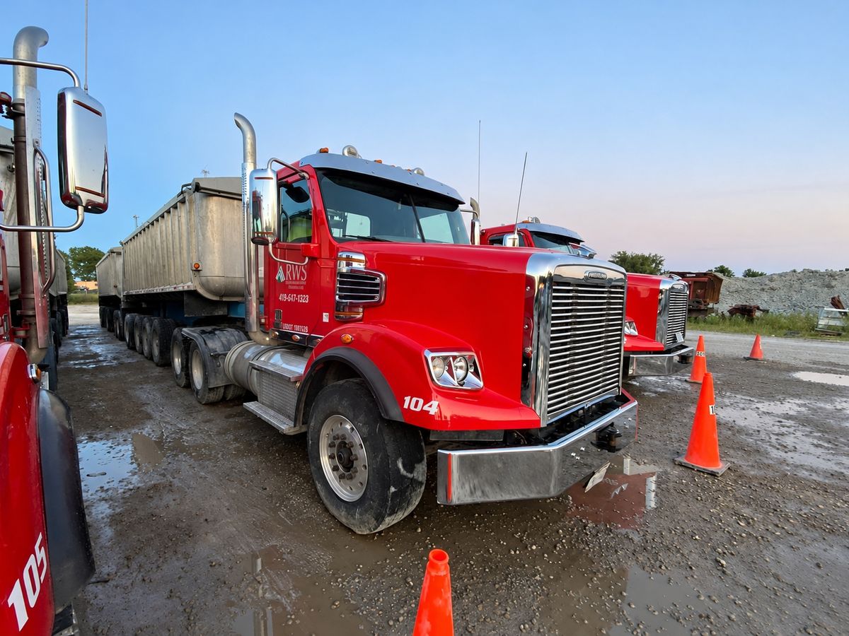 Clean red tractor numbered 104 with a polished wheel and a long aluminum dump trailer behind it.