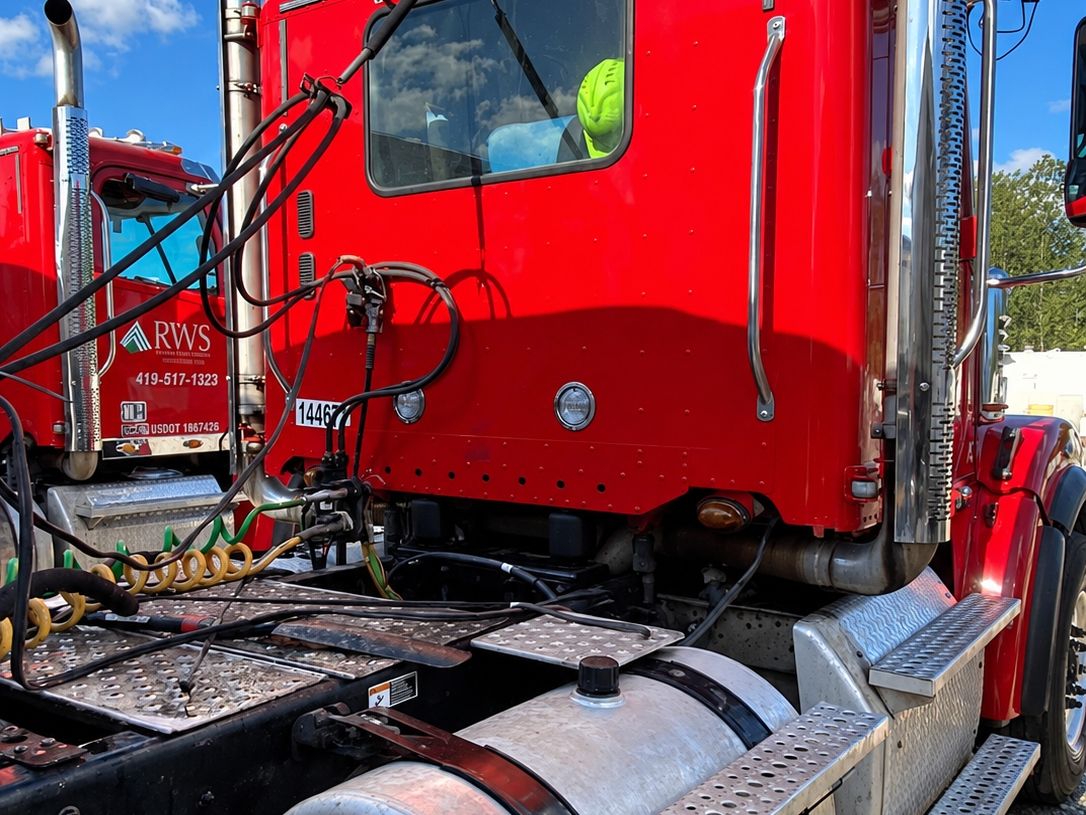 Clean glossy red tractor cab from behind with tall chrome stacks and a bright fuel tank.