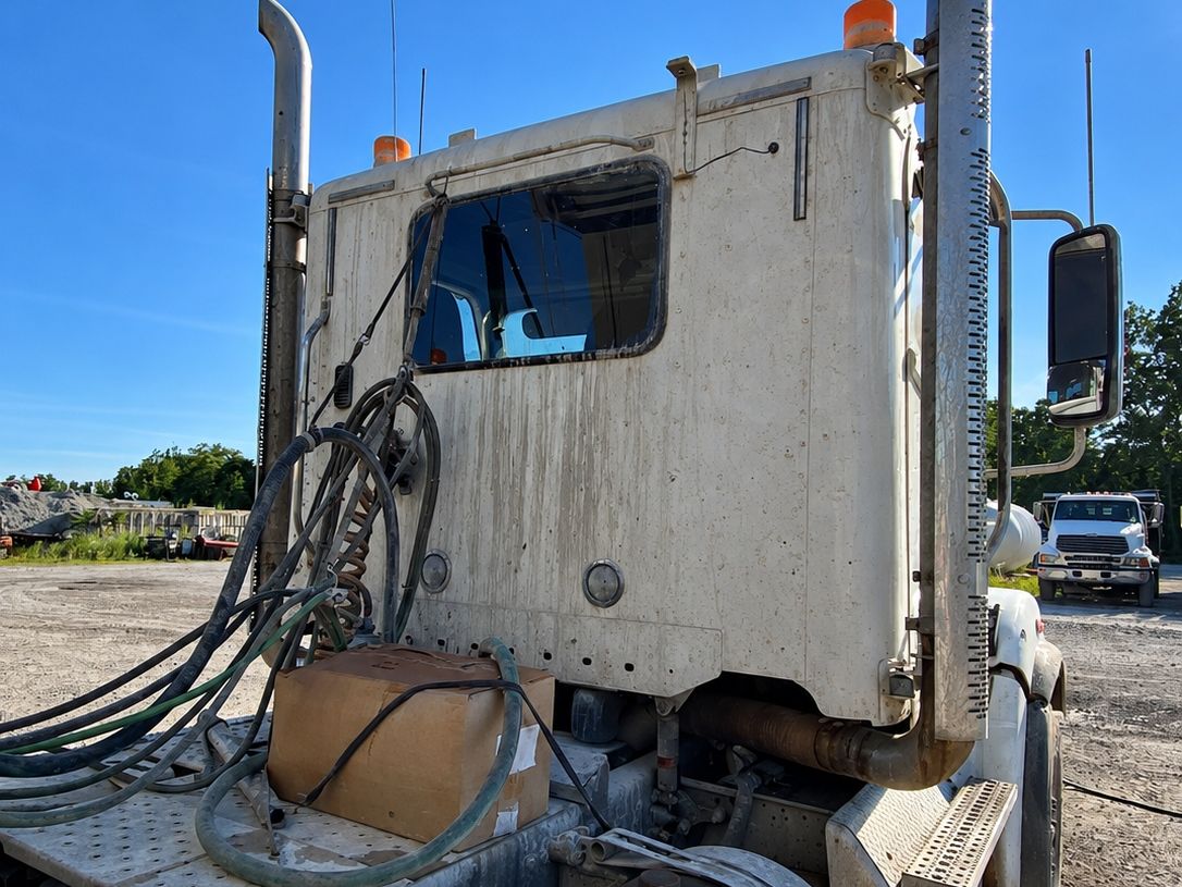 White tractor cab from behind with road film and streaks down the back panel.