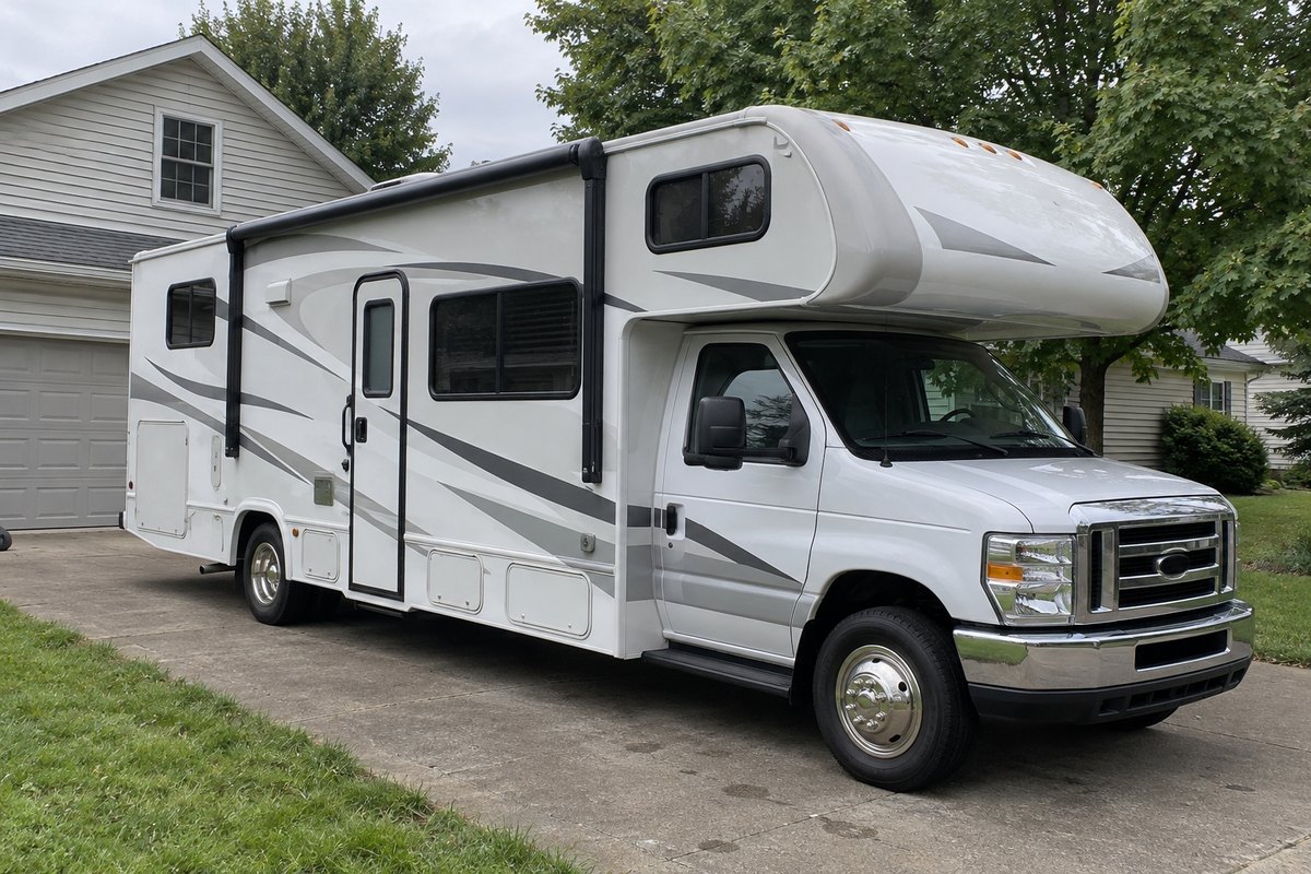 White Class C motorhome with gray graphics parked beside a garage and leafy trees.