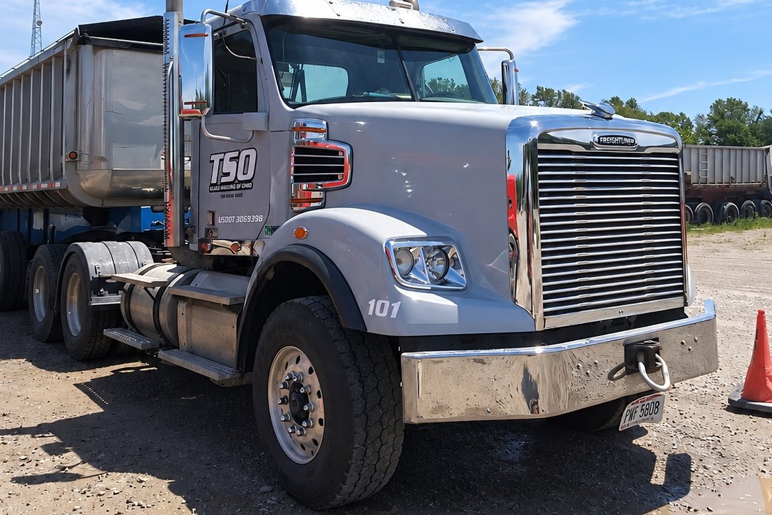 Chrome stack, mirror and sun visor on a silver tractor cab with an aluminum dump trailer behind, under a blue sky.