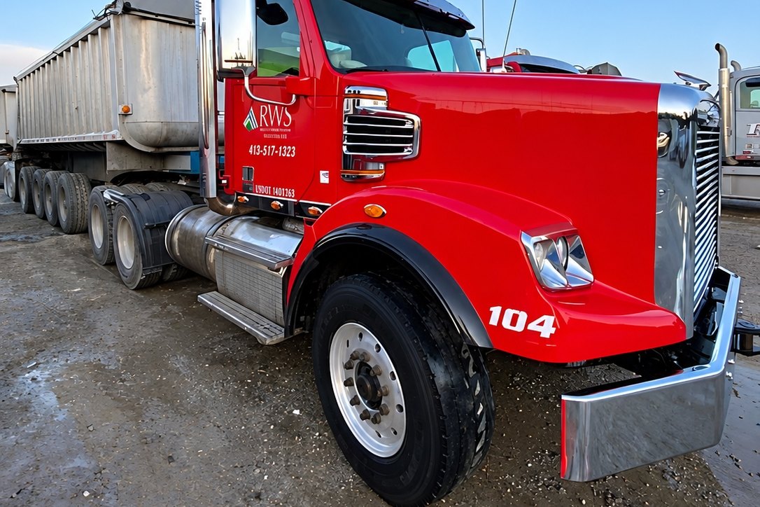 Bright red Freightliner dump-truck tractor numbered 104 with a polished wheel and chrome bumper on wet gravel.