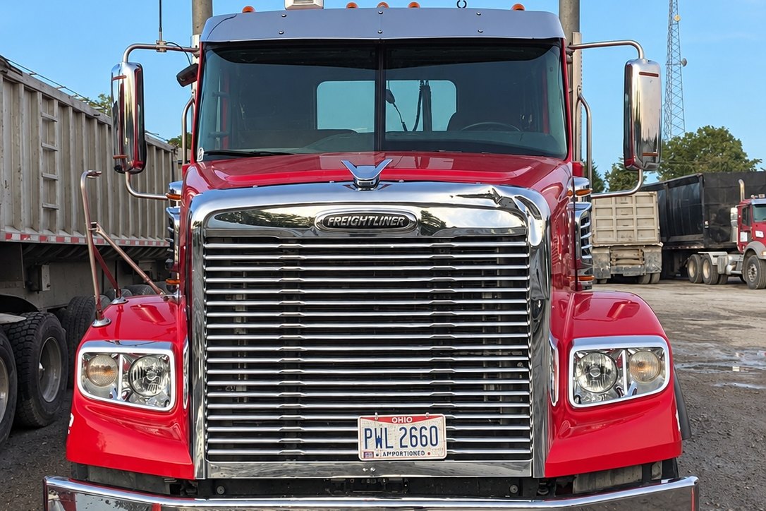 Front of a red Freightliner with a large reflective grille, chrome bumper and red fenders on wet gravel.
