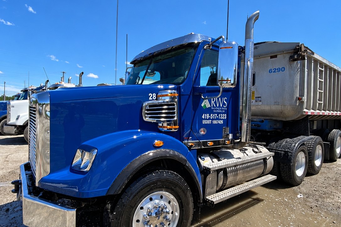 Blue Freightliner dump-truck tractor numbered 28 with an aluminum dump trailer marked 6290 under a blue sky.