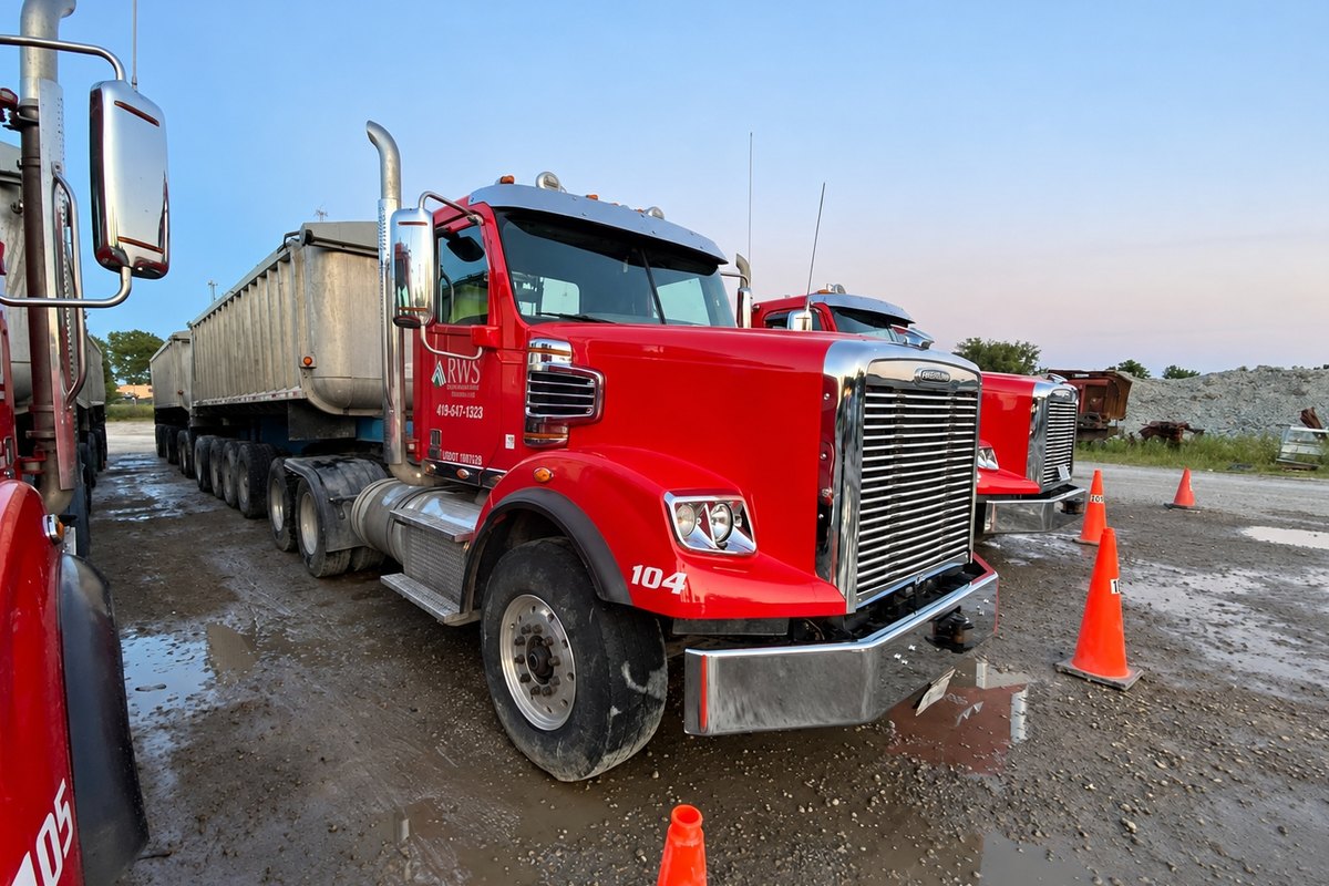 Red Freightliner dump-truck tractor numbered 104 with glossy bodywork and a long aluminum dump trailer behind it.