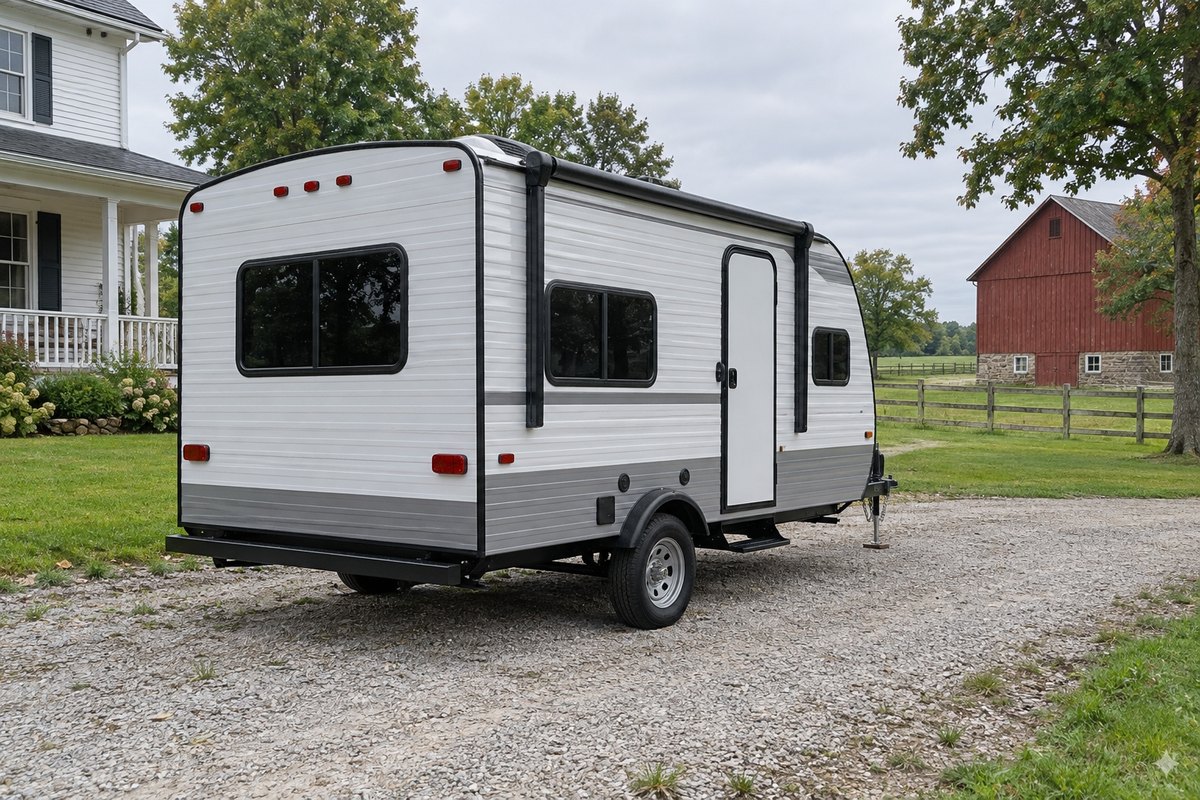 Clean white single-axle travel trailer on a gravel driveway beside a farmhouse and red barn.
