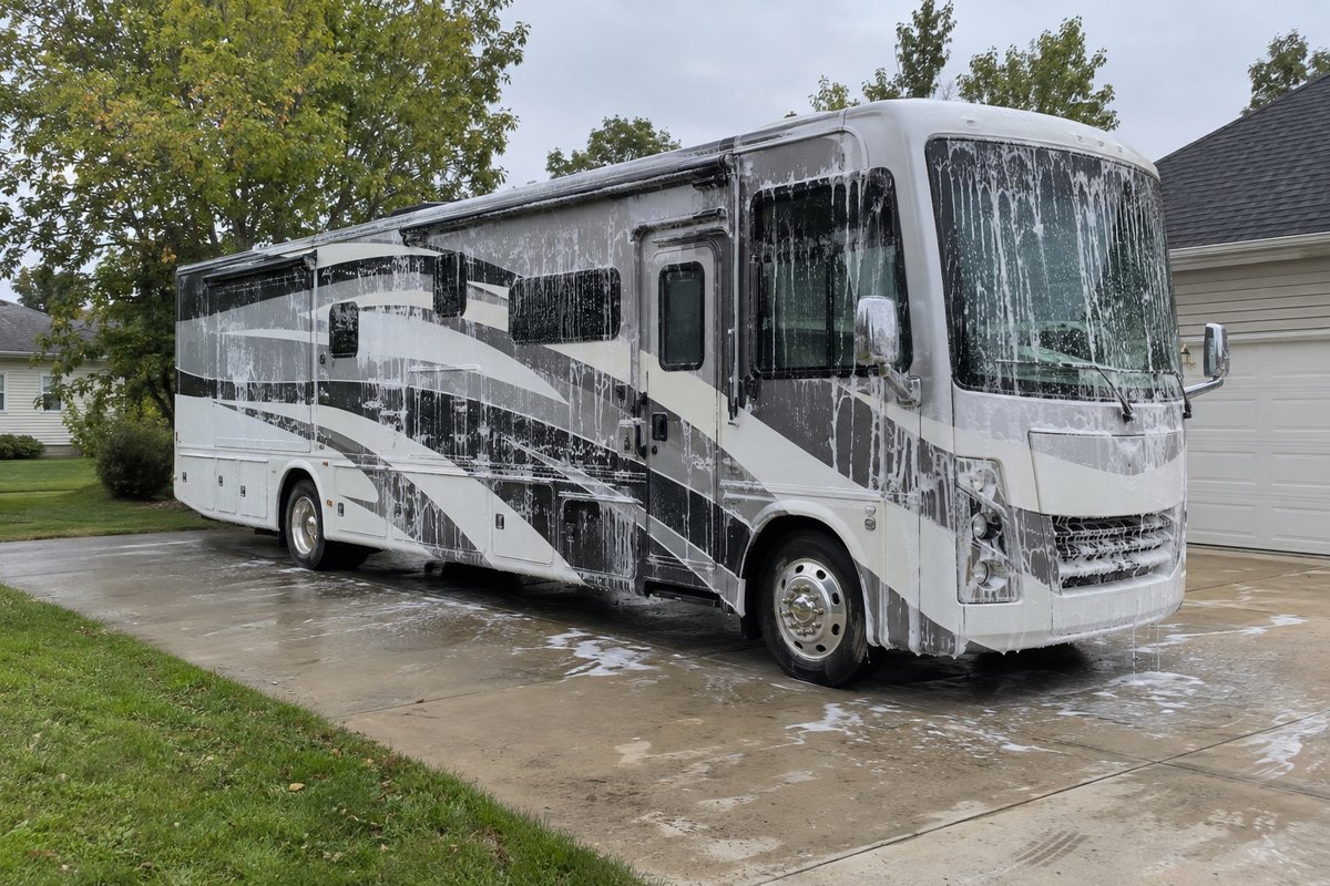 White and gray Class A motorhome covered in soap suds on a wet residential driveway.