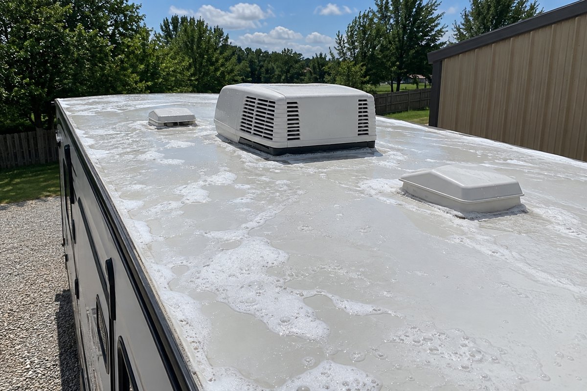 White RV roof covered with scattered soap suds around an air-conditioning unit and two vent covers beside a tan outbuilding.