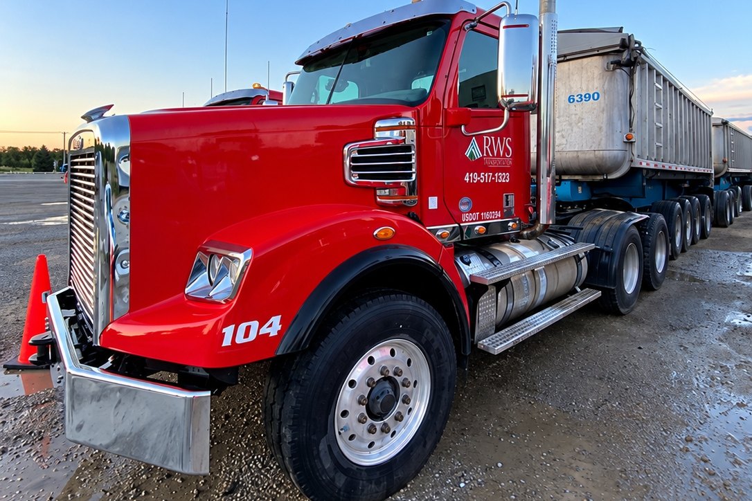 Dump-truck tractor cab in red with a mirror and stack, set against a dusk sky.