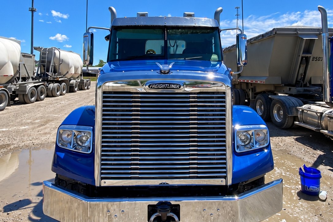 Blue Freightliner tractor seen head-on with a bright chrome grille and bumper and soap suds on the gravel.