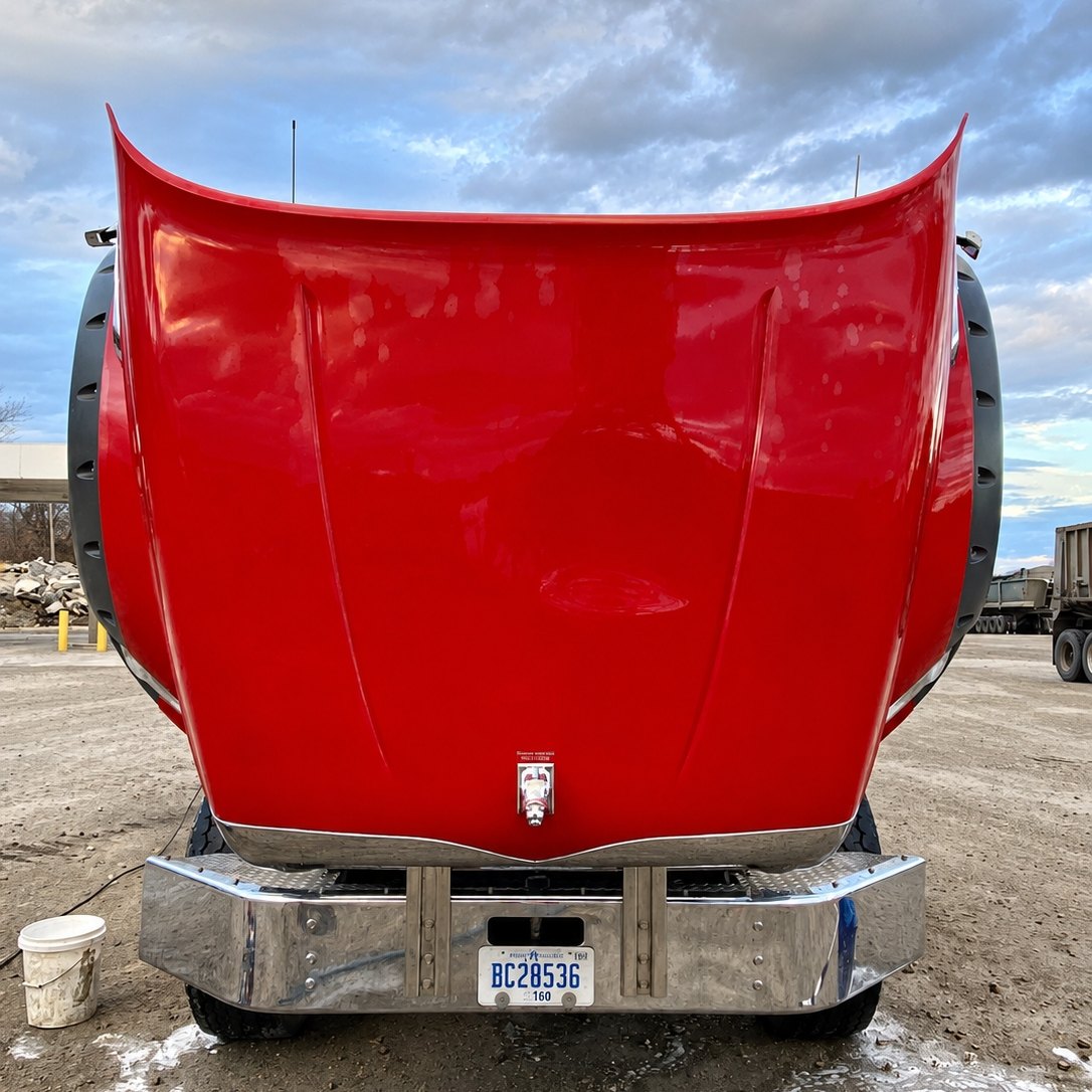 Red truck viewed head-on with its hood tipped forward above a bright metal bumper and wet gravel.
