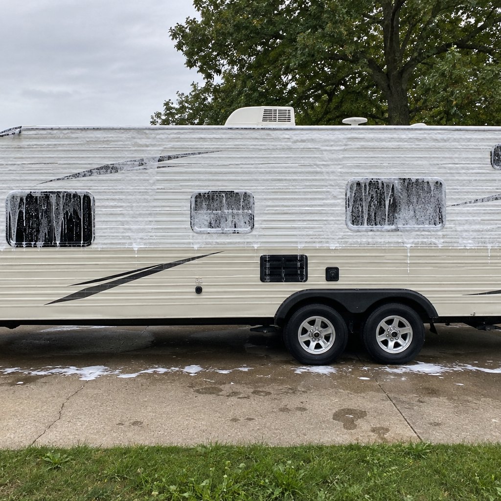 Cream travel trailer with soap suds on the upper siding and wet rinsed panels below.