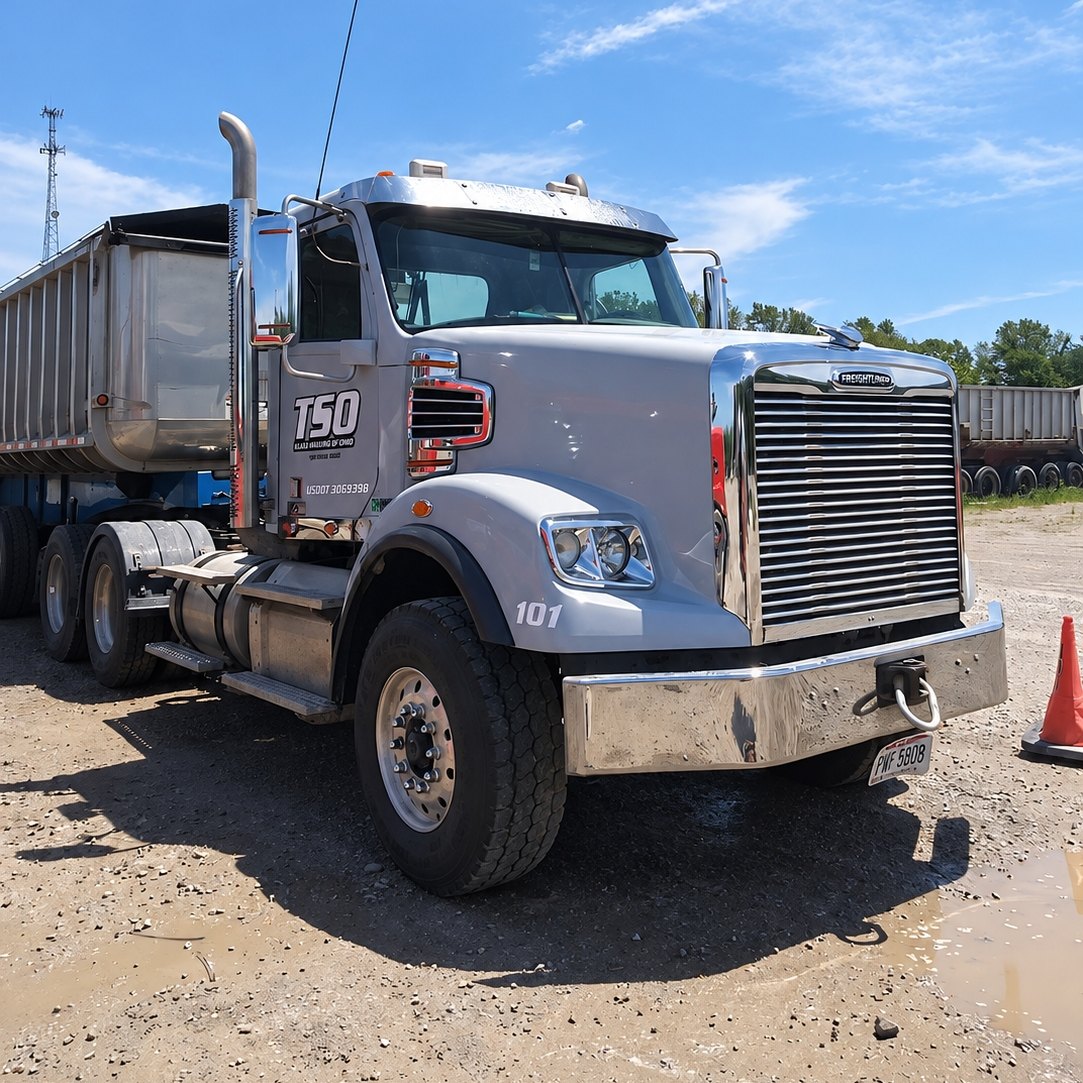 Silver dump-truck cab with a chrome stack and mirror under a blue sky.