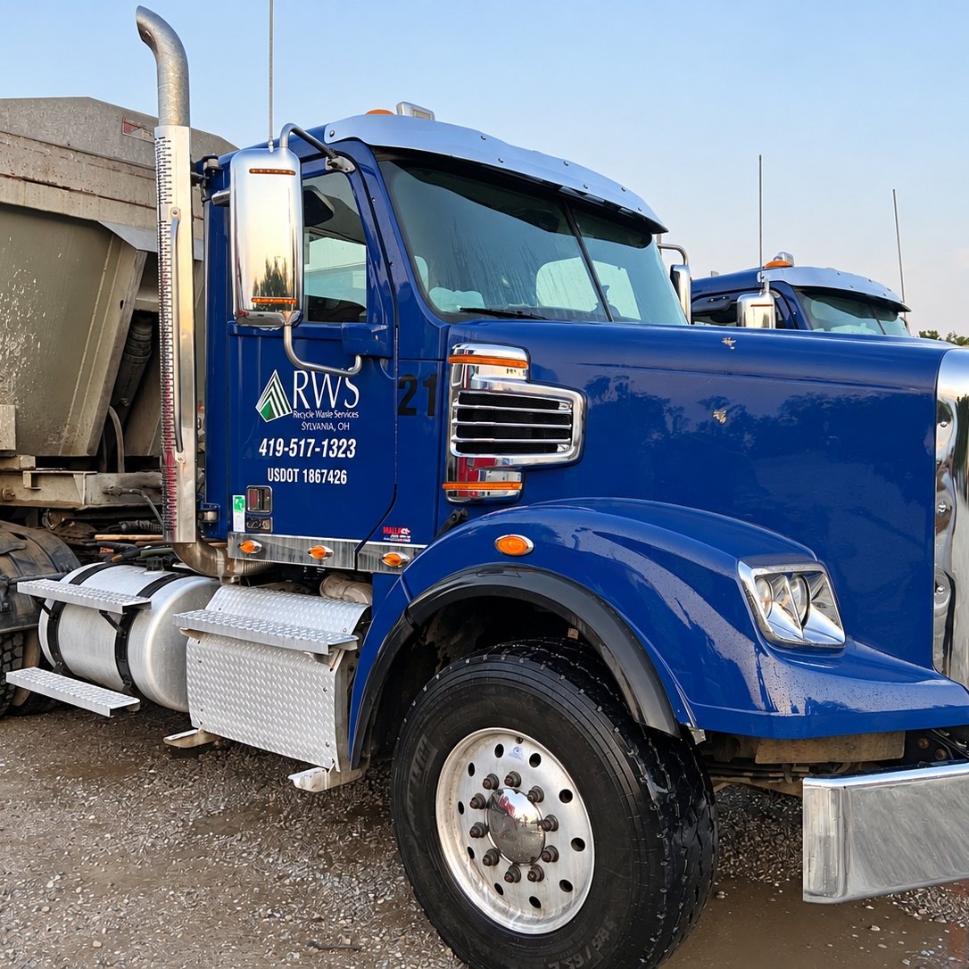 Navy tractor with a company logo on the door, shining chrome stack and wheel, parked beside dump trailers.
