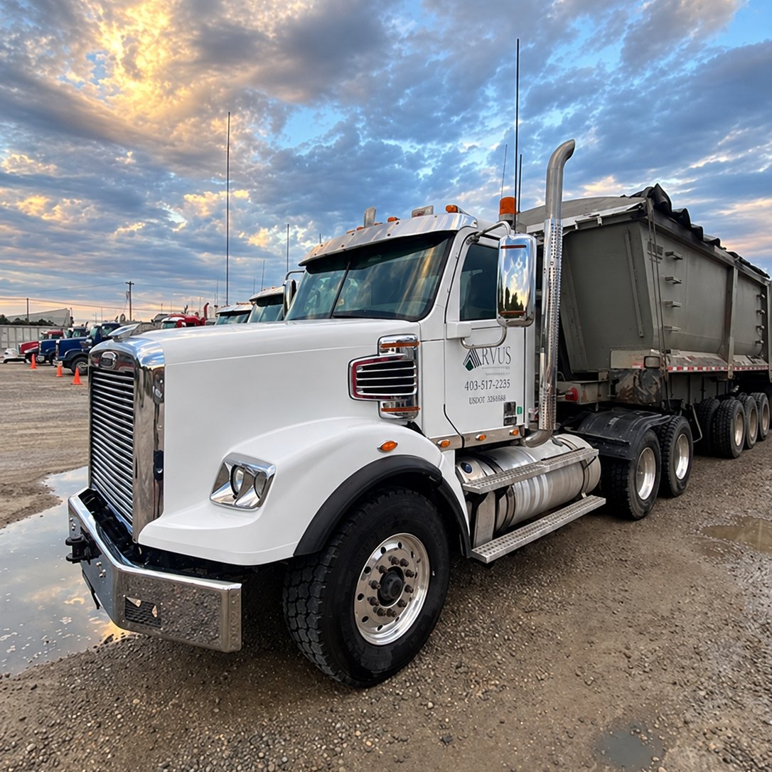 Clean white Freightliner dump-truck tractor with aluminum dump trailers behind it on wet gravel under a cloudy evening sky.